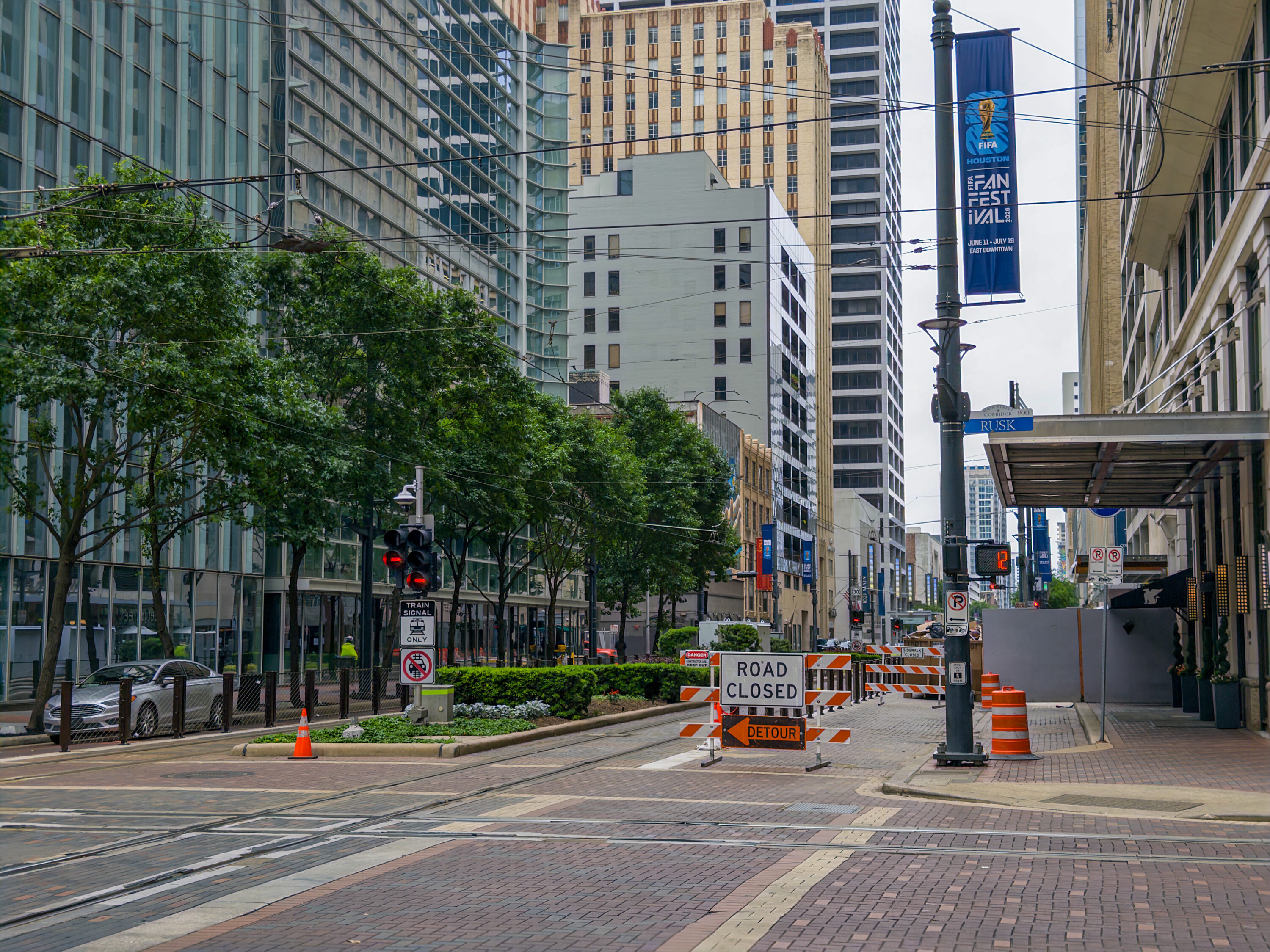 A section of Main Street in downtown Houston closed for construction on the Promenade project.