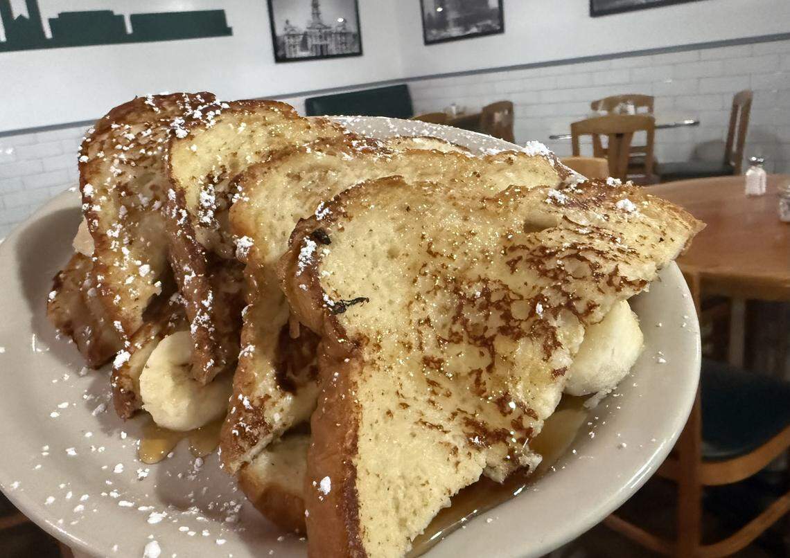 Stuffed French toast on the breakfast menu served weekdays and Saturdays from 9 a.m. at Carshon’s Delicatessen, as seen April 16, 2026.