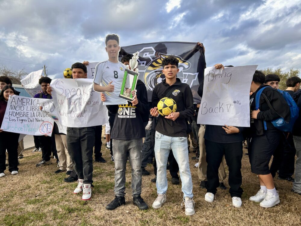 Students rally at Sam Houston Math, Science and Technology center calling for the release of their classmate Mauro Henriquez from and ICE detention center.
