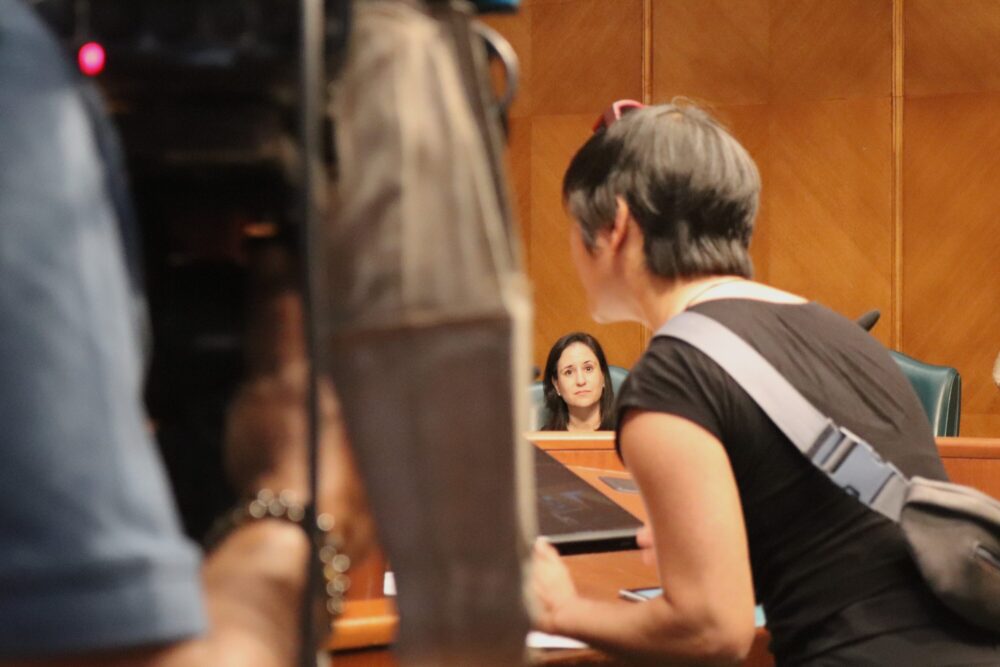 Council Member Alejandra Salinas listens to a public speaker on Apr. 1, 2025.