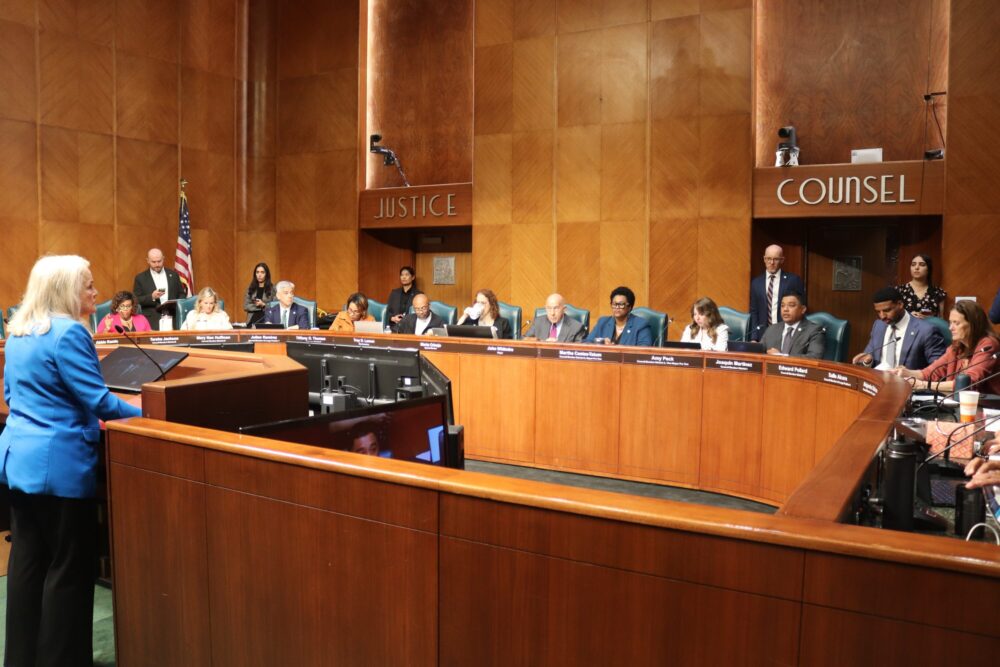 Congresswoman Sylvia Garcia at a Houston city council meeting on Wednesday, April 1, 2026.