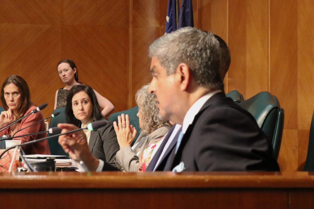 Council member Alejandra Salinas listens to City Attorney Arturo Michel on Apr. 1, 2025.