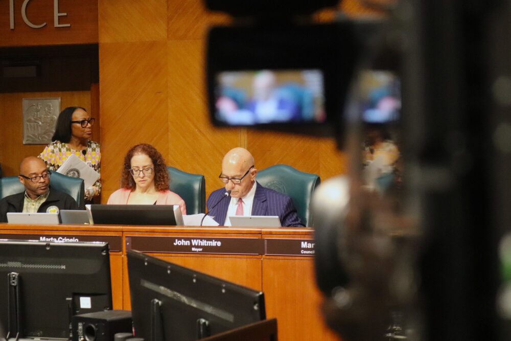 Houston Mayor John Whitmire reads before a city council meeting on Apr. 22, 2026.