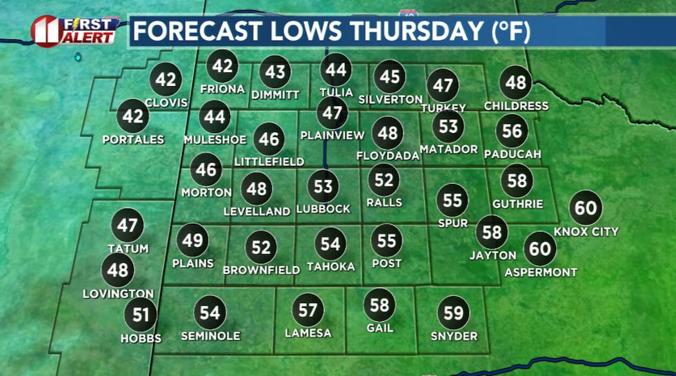 Lows from near average in the northwest to nearly 10 degrees above southeast.