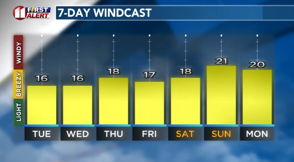 Forecast peak sustained winds are shown in this graph. Peak gusts will exceed the values shown...