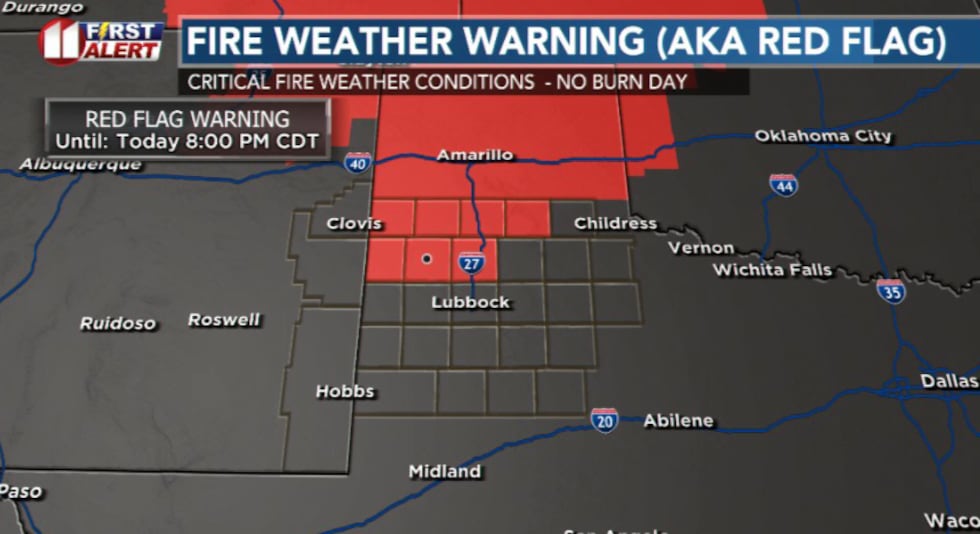 Red flag warning in effect for areas to the north and west