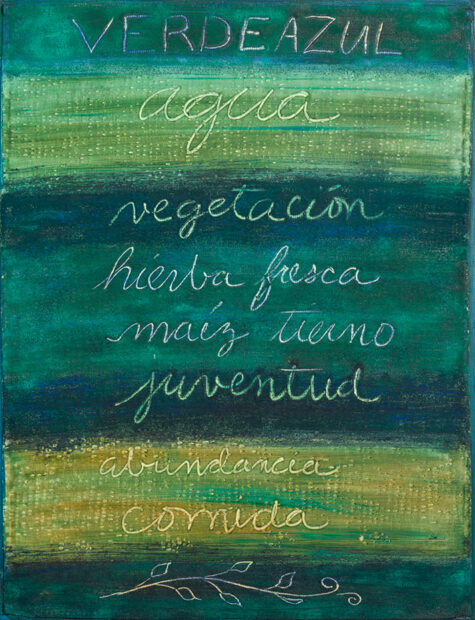 A painting by Rolando Briseño featuring swaths paint in shades of green with cursive text scraped into the paint.