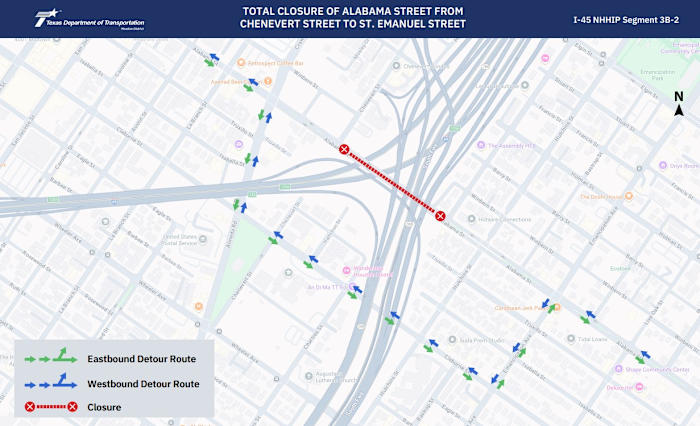 Alabama Street bridge to close for nearly 10 months as part of I-45 project