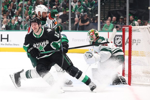 Radek Faksa #12 of the Dallas Stars reacts to a missed shot under pressure from Zach Bogosian #24 of the Minnesota Wild during the first period of Game One of the First Round of the 2026 Stanley Cup Playoffs at the American Airlines Center on April 18, 2026 in Dallas, Texas. (Photo by Stacy Revere/Getty Images)