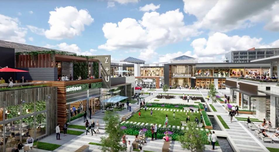 Rendering shows the walkable open-air village as envisioned by The Bend development in Plano.