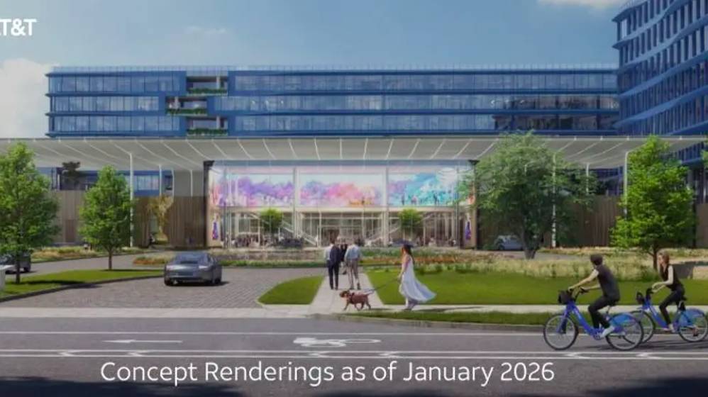 Image shows rendering of AT&T campus in Plano, Texas. 