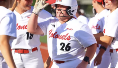 Brynne Songy (26) celebrating with the Nicholls softball team. (Photo via: Nicholls Athletics).