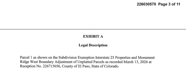 Legal description of the land Monument Ridge West LLC sold to Buc-ee's EPCO LLC for over $10 million. The warranty deed was filed in early April 2026. (Image from El Paso County public records)