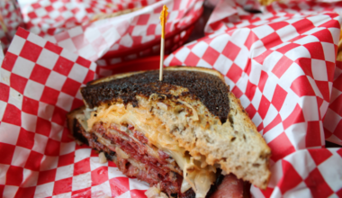 Seegar's Reuben with pastrami, sauerkraut and dressing on marbled rye.