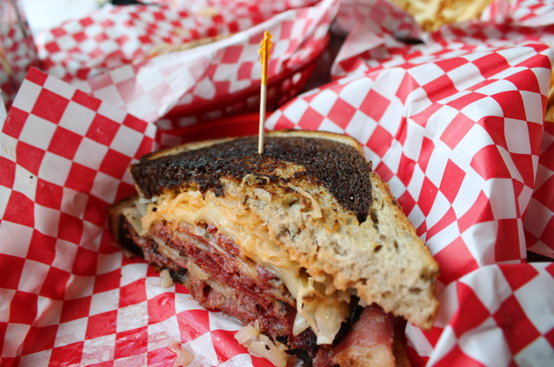 Seegar's Reuben with pastrami, sauerkraut and dressing on marbled rye.