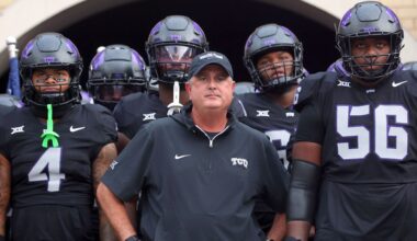 TCU head coach Sonny Dykes, center, waits with the team to run out of the tunnel before the game against Central Florida in an NCAA college football game Saturday, Sept. 14, 2024, in Fort Worth, Texas. (AP Photo/Richard W. Rodriguez, File)