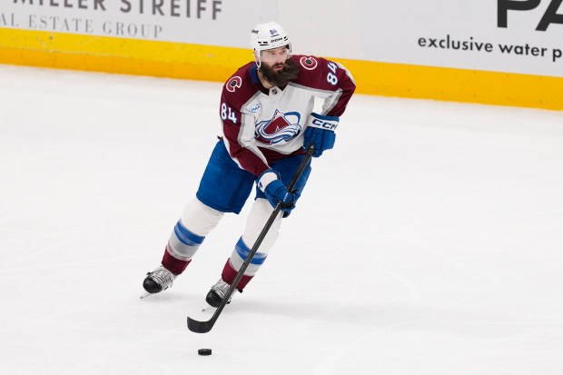 Colorado Avalanche defenseman Brent Burns skates against the Dallas Stars in the third period of an NHL hockey game Saturday, April 4, 2026, in Dallas. (AP Photo/Tony Gutierrez)