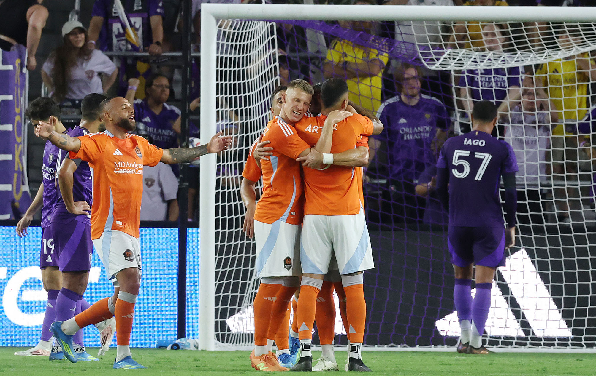 Houston players celebrate after a goal during the Houston Dynamo...