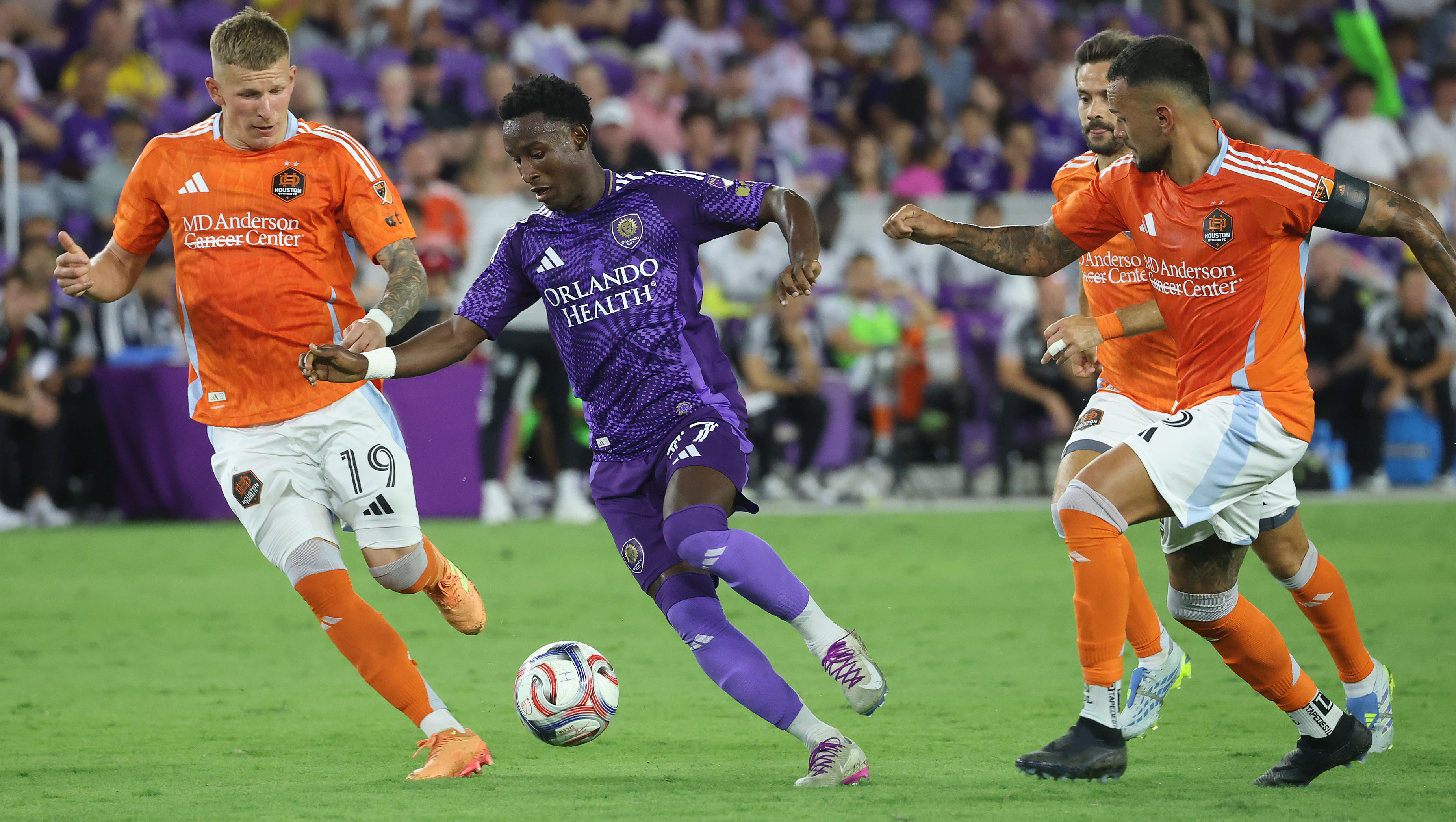 Orlando player Ivan Angulo (77) moves the ball during the...