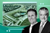 Lennar’s executive chairman and CEO Stuart Miller and Centurion American’s Mehrdad Moayedi with a rendering of Centurion American’s Princeton development (Lennar, Centurion American)