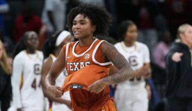 Texas guard Rori Harmon (3) celebrates the team's win over South Carolina in an NCAA college basketball game in the Players Era tournament in Las Vegas, Thursday, Nov. 27, 2025. (AP Photo/Eric Gay)