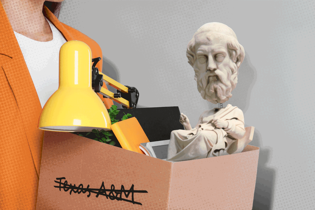 A photo illustration of a bobble head of Greek philosopher Plato in a moving box amongst other office items. The box has "Texas A&M" crossed out on it.