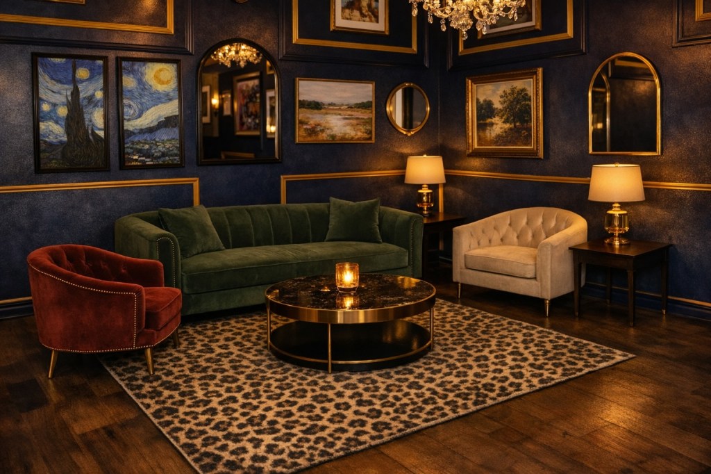 An elegant waiting room with a leopard print rug, soft lighting and art on the walls.