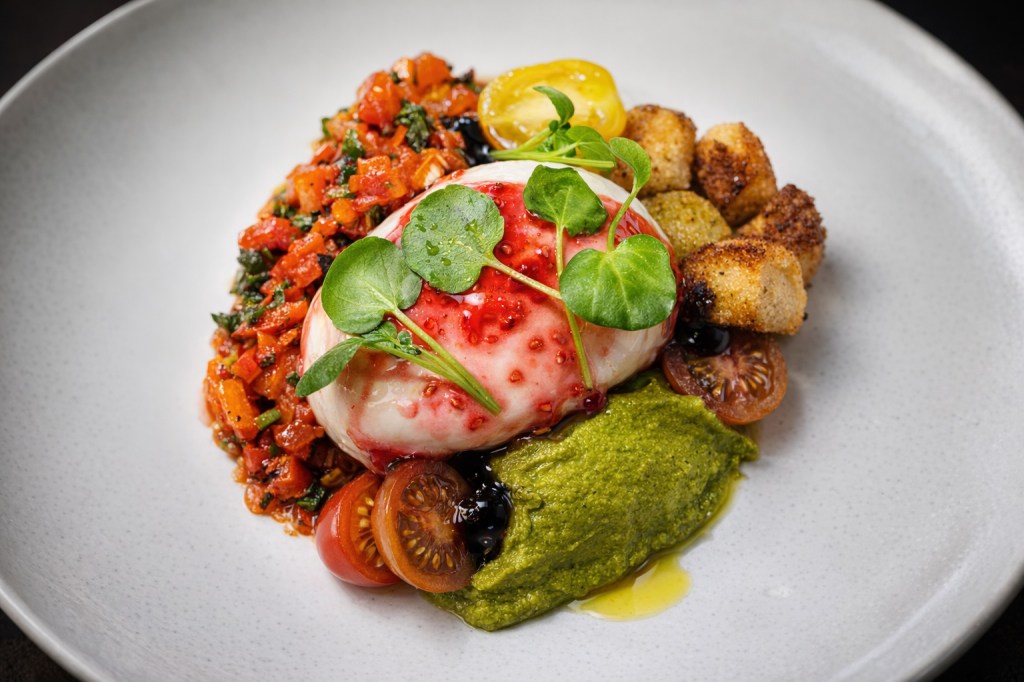 burratta on an elegant white plate.