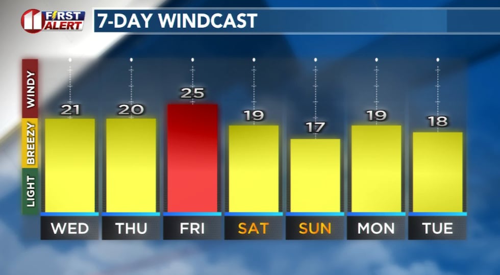 Forecast peak sustained winds are shown in this graph. Peak gusts will exceed the values shown...