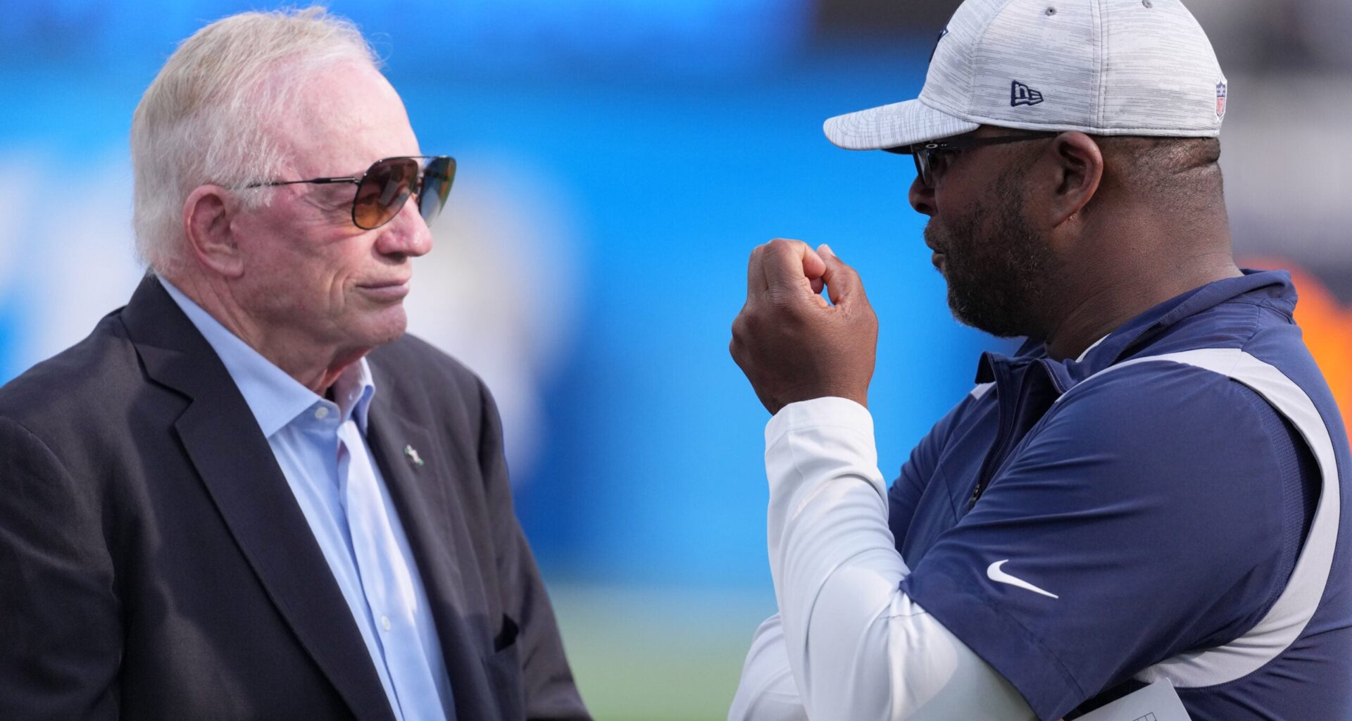 Aug 20, 2022; Inglewood, California, USA; Dallas Cowboys owner Jerry Jones (left) talks with vice president of player personnel Will McClay before the game against the Los Angeles Chargers at SoFi Stadium.