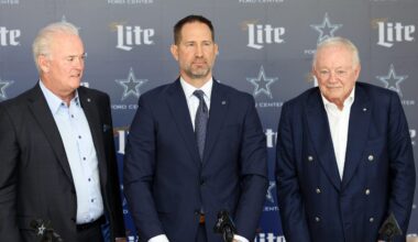 Jan 27, 2025; Frisco, TX, USA; (L to R) Dallas Cowboys CEO Stephen Jones,head coach Brian Schottenheimer and owner Jerry Jones pose for pictures after a press conference at the Star.