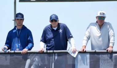 Jul 22, 2025; Oxnard, CA, USA; Dallas Cowboys owner Jerry Jones (center) watches with grandson John Stephen Jones (left) and son Stephen Jones during training camp at the River Ridge Fields.