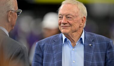 Dallas Cowboys owner Jerry Jones (left) looks on before the game against the Baltimore Ravens at AT&T Stadium.