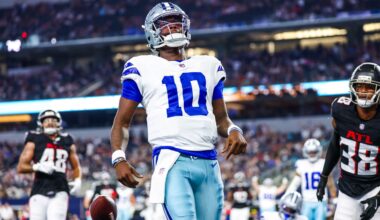 Aug 22, 2025; Arlington, Texas, USA; Dallas Cowboys quarterback Joe Milton III (10) reacts after scoring a touchdown during the first quarter against the Atlanta Falcons at AT&T Stadium.