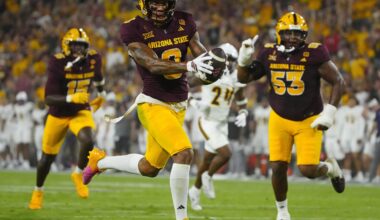 Arizona State wide receiver Jordyn Tyson (0) scores a touchdown against NAU during a game at Mountain America Stadium in Tempe on Aug. 30, 2025.