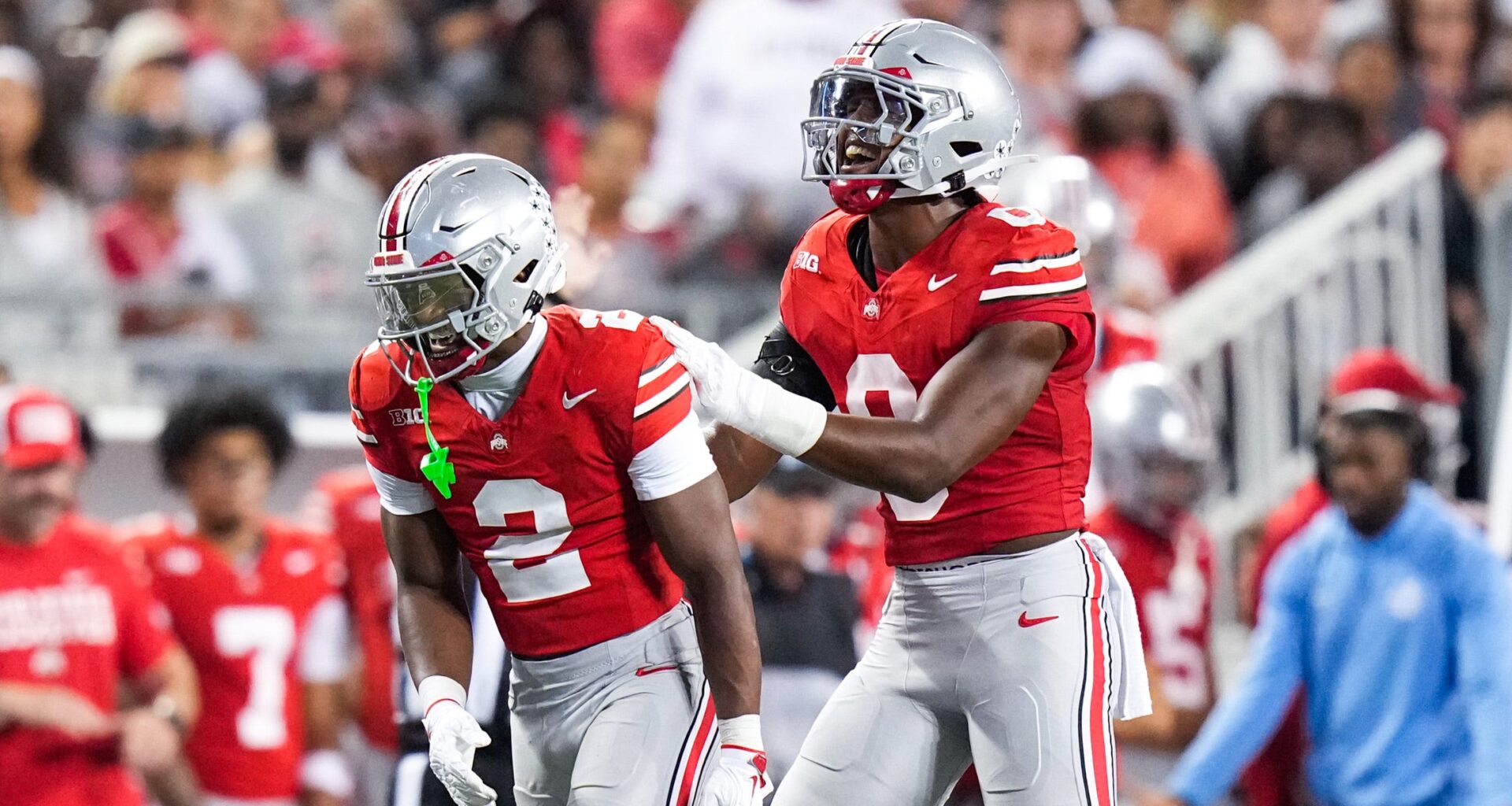 Ohio State Buckeyes safety Caleb Downs (2) and linebacker Sonny Styles (0) celebrate in the second half at the Ohio Stadium on Saturday, Sept. 13, 2025 in Columbus, Ohio.
