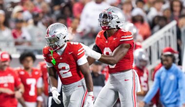 Ohio State Buckeyes safety Caleb Downs (2) and linebacker Sonny Styles (0) celebrate in the second half at the Ohio Stadium on Saturday, Sept. 13, 2025 in Columbus, Ohio.