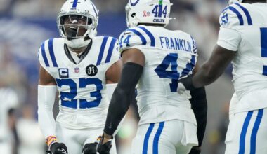 Indianapolis Colts cornerback Kenny Moore II (23) reacts after taking down Denver Broncos wide receiver Troy Franklin (11) on Sunday, Sept. 14, 2025, during a game at Lucas Oil Stadium in Indianapolis.