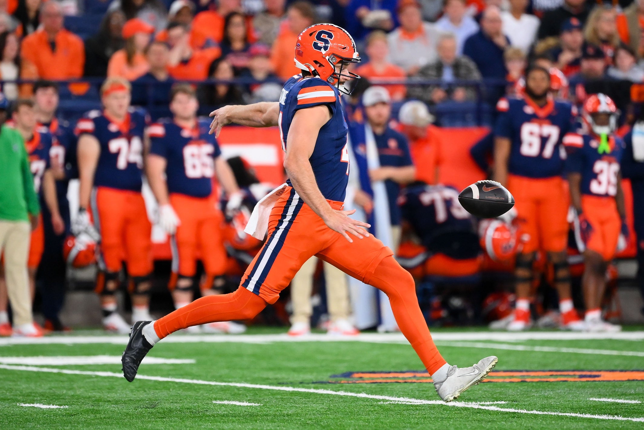 Oct 18, 2025; Syracuse, New York, USA; Syracuse Orange punter Jack Stonehouse (41) kicks during the second half against the Pittsburgh Panthers at the JMA Wireless Dome. Mandatory Credit: Rich Barnes-Imagn Images Patriots