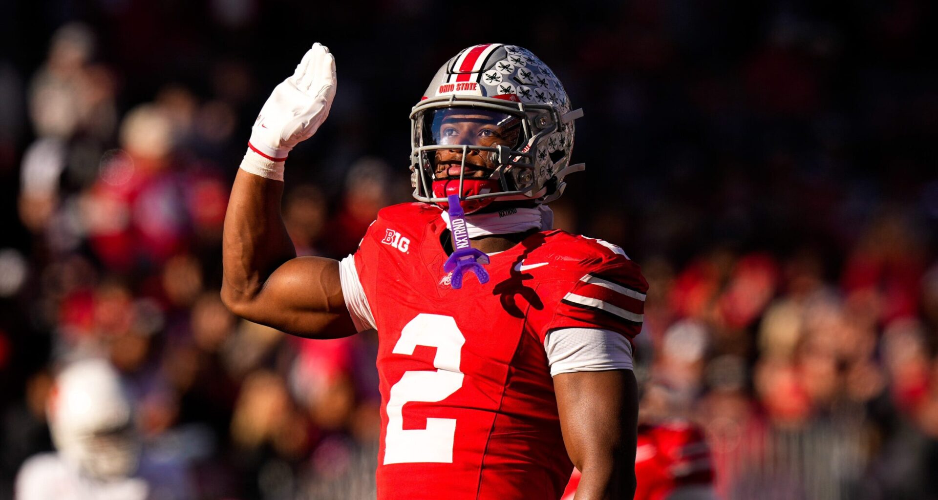 Ohio State Buckeyes defensive back Caleb Downs (2) celebrates after sacking Rutgers Scarlet Knights quarterback Athan Kaliakmanis (16) in the second half of the NCAA football game at Ohio Stadium on Saturday, Nov. 22, 2025 in Columbus, Ohio.