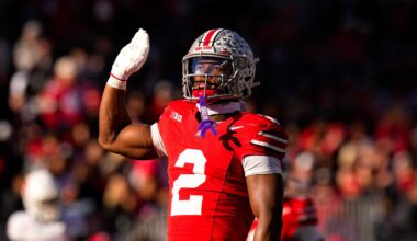 Ohio State Buckeyes defensive back Caleb Downs (2) celebrates after sacking Rutgers Scarlet Knights quarterback Athan Kaliakmanis (16) in the second half of the NCAA football game at Ohio Stadium on Saturday, Nov. 22, 2025 in Columbus, Ohio.