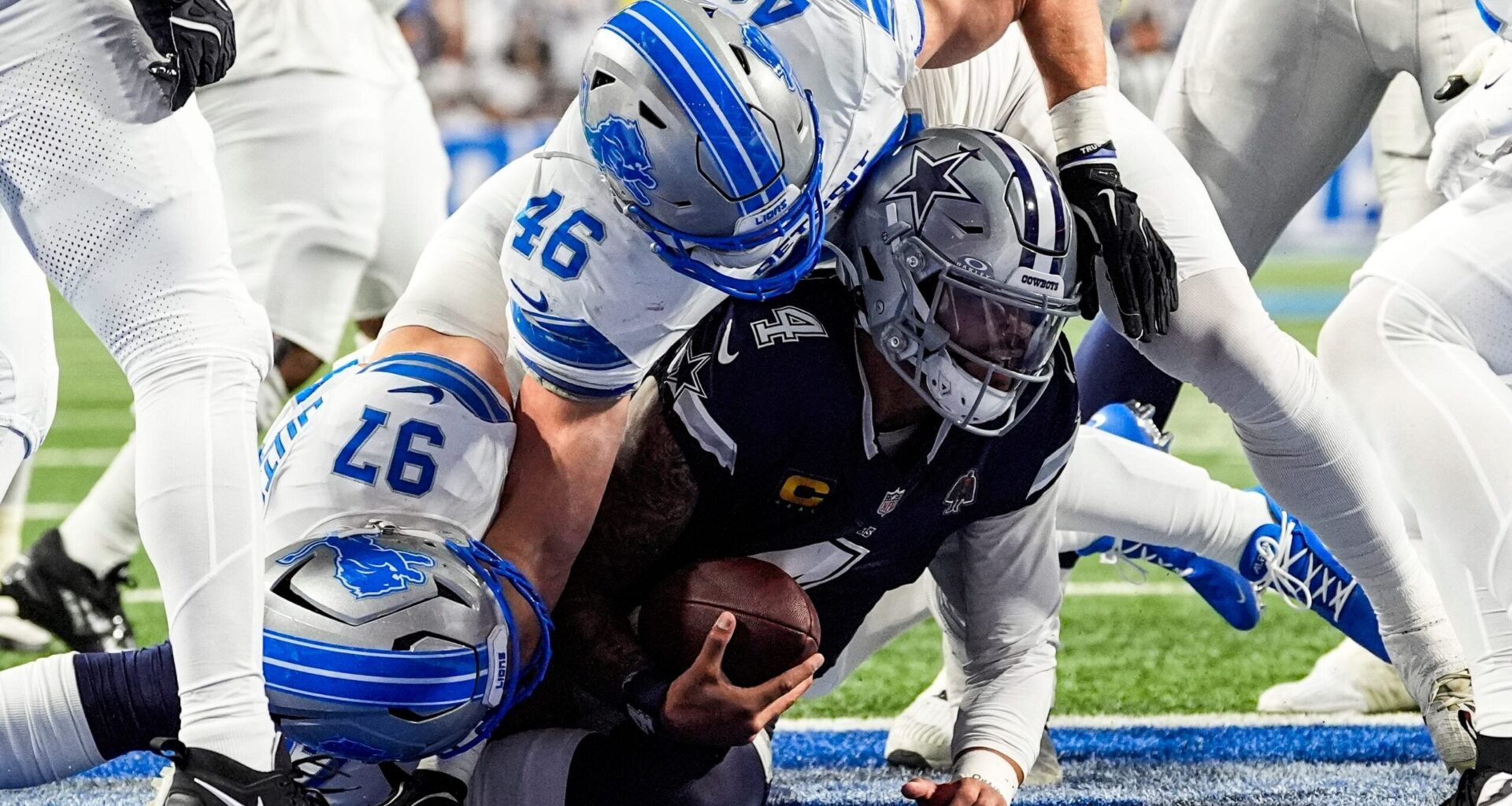 Detroit Lions linebacker Jack Campbell (46) sacks Dallas Cowboys quarterback Dak Prescott (4) during the first half at Ford Field in Detroit on Thursday, Dec. 4, 2025.