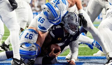Detroit Lions linebacker Jack Campbell (46) sacks Dallas Cowboys quarterback Dak Prescott (4) during the first half at Ford Field in Detroit on Thursday, Dec. 4, 2025.