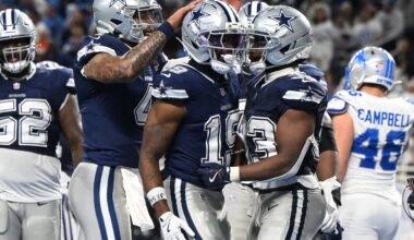 Dec 4, 2025; Detroit, Michigan, USA; Dallas Cowboys running back Javonte Williams (33) celebrates with quarterback Dak Prescott (4) and wide receiver Ryan Flournoy (19) after scoring a touchdown during the second half against the Detroit Lions at Ford Field.