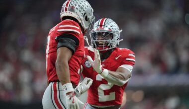 Dec 6, 2025; Indianapolis, IN, USA; Ohio State Buckeyes safety Caleb Downs (2) and cornerback Lorenzo Styles Jr. (3) react in the first half against the Indiana Hoosiers during the 2025 Big Ten championship game at Lucas Oil Stadium.