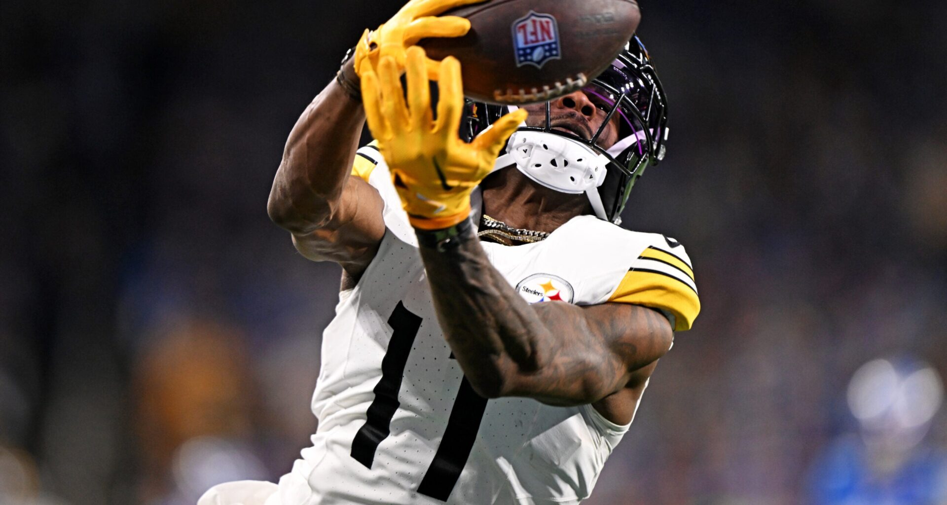 Dec 21, 2025; Detroit, Michigan, USA; Pittsburgh Steelers wide receiver Marquez Valdes-Scantling (11) catches a pass during the fourth quarter against the Detroit Lions at Ford Field.