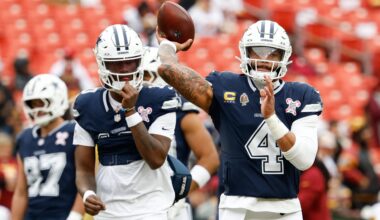 Dec 25, 2025; Landover, Maryland, USA; Dallas Cowboys quarterback Dak Prescott (4) warms up before the game against the Washington Commanders at Northwest Stadium.