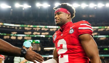 Ohio State Buckeyes defensive back Caleb Downs (2) leaves the field following the Cotton Bowl at AT&T Stadium in Arlington, Texas for the College Football Playoff quarterfinal game against the Miami Hurricanes on Dec. 31, 2025. Ohio State lost 24-14.
