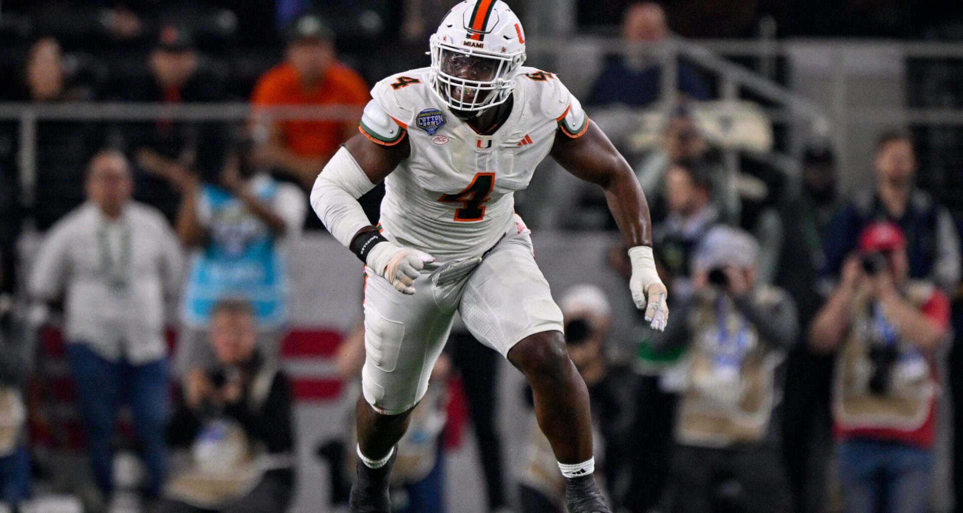 Arlington, TX, USA; Miami Hurricanes defensive lineman Rueben Bain Jr. (4) rushes the line during the 2025 Cotton Bowl and quarterfinal game of the College Football Playoff at AT&T Stadium.