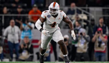 Arlington, TX, USA; Miami Hurricanes defensive lineman Rueben Bain Jr. (4) rushes the line during the 2025 Cotton Bowl and quarterfinal game of the College Football Playoff at AT&T Stadium.